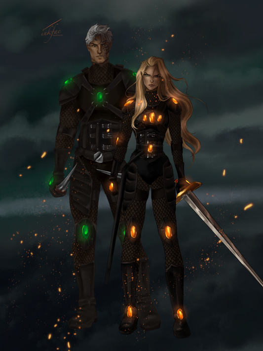 Rowan & Aelin in Illyrian Leathers - Fan Art from @InkFaeArt - Stickable Acrylic Poster - Officially licensed by Sarah J. Maas - FA50