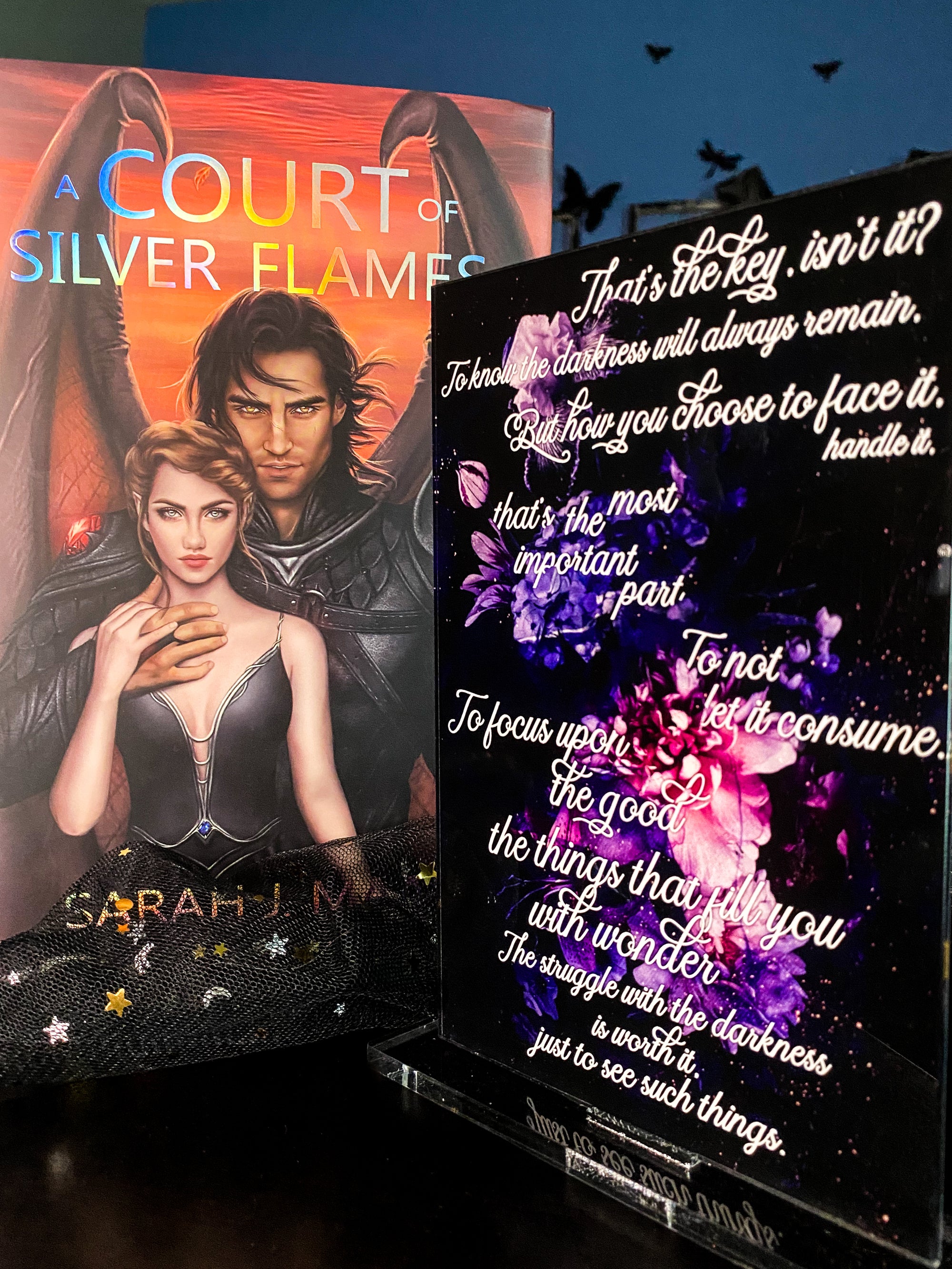 "The struggle with the darkness is worth it." - A Court of Thorns and Roses Series - Freestanding Bookshelf / Desktop Acrylic Accessory - Officially licensed by Sarah J. Maas - D16