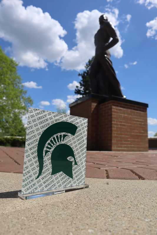 “Go Green Go White” Diagonal Stand Up - Freestanding Bookshelf / Desktop Acrylic Accessory - Collegiate Licensed Product - MSU6